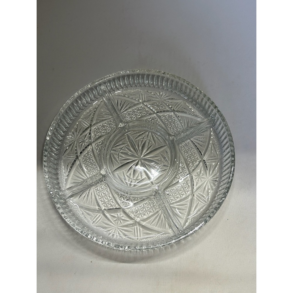 Vintage 5-Section Cut Glass Serving Tray - 9.5" Starburst Relish & Dip Dish
